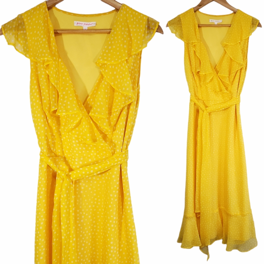 *RARE* Vintage 90's Betsey Johnson Yellow Silk Polka Dot Belted Ruffle Dress